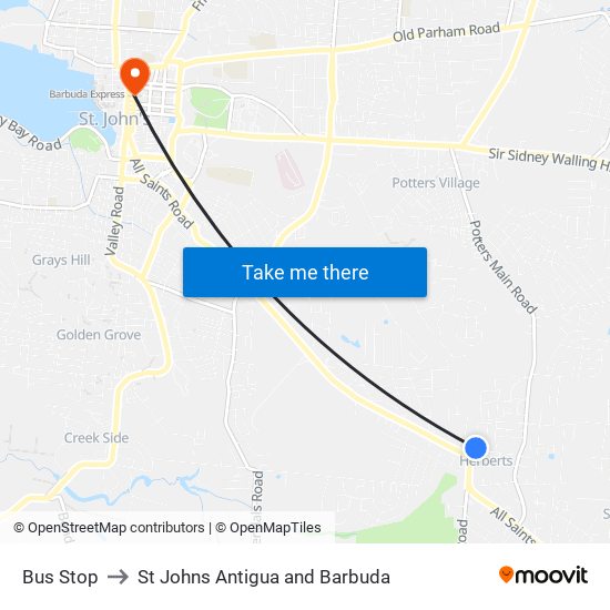 Bus Stop to St Johns Antigua and Barbuda map