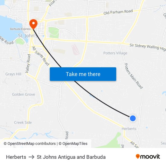 Herberts to St Johns Antigua and Barbuda map