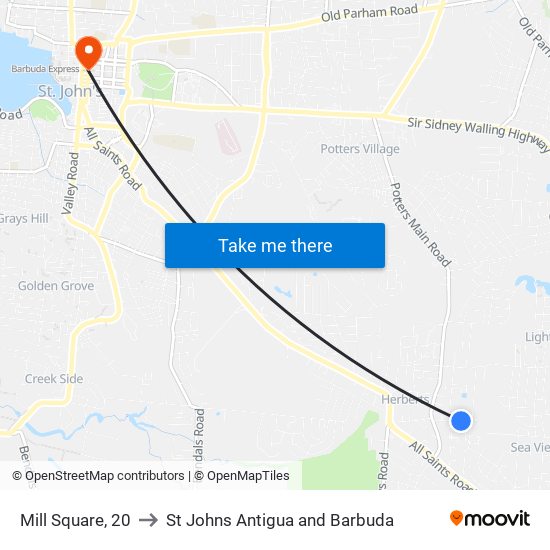 Mill Square, 20 to St Johns Antigua and Barbuda map