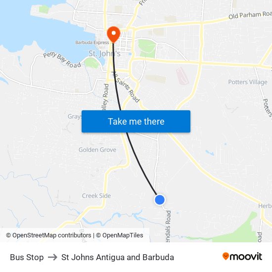 Bus Stop to St Johns Antigua and Barbuda map