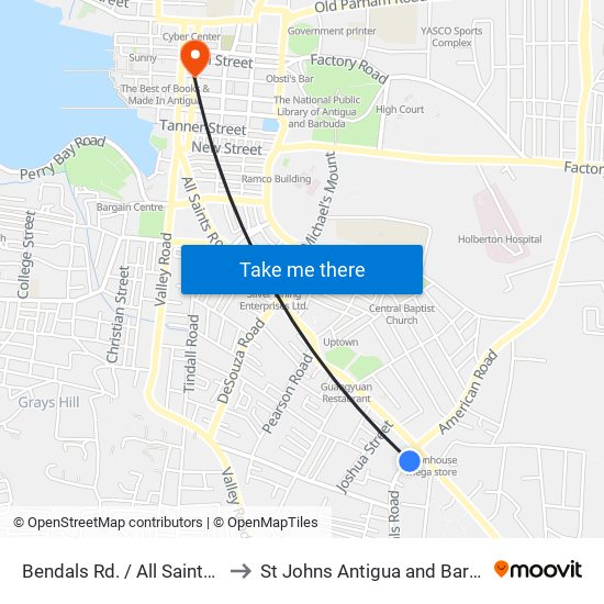 Bendals Rd. / All Saints Rd. to St Johns Antigua and Barbuda map