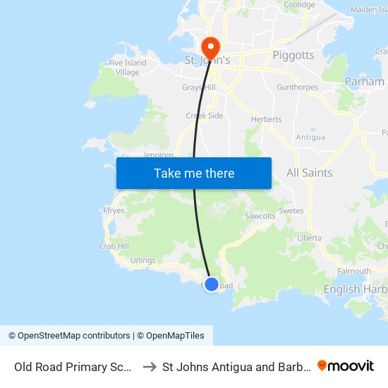 Old Road Primary School to St Johns Antigua and Barbuda map