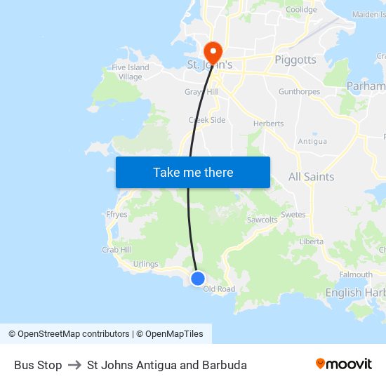 Bus Stop to St Johns Antigua and Barbuda map