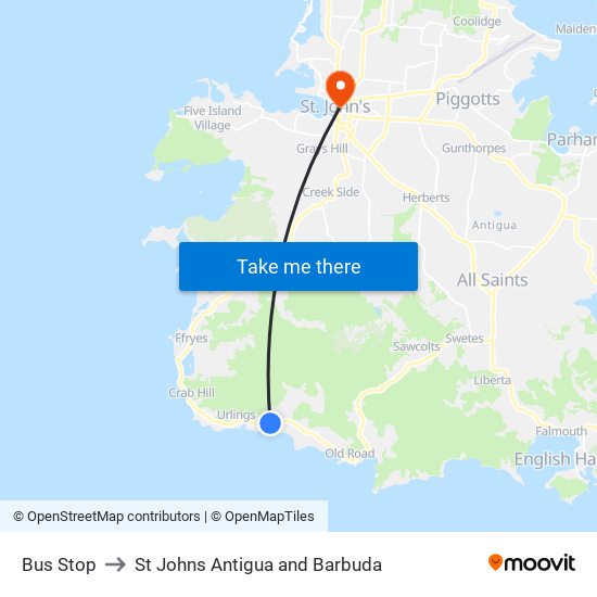 Bus Stop to St Johns Antigua and Barbuda map