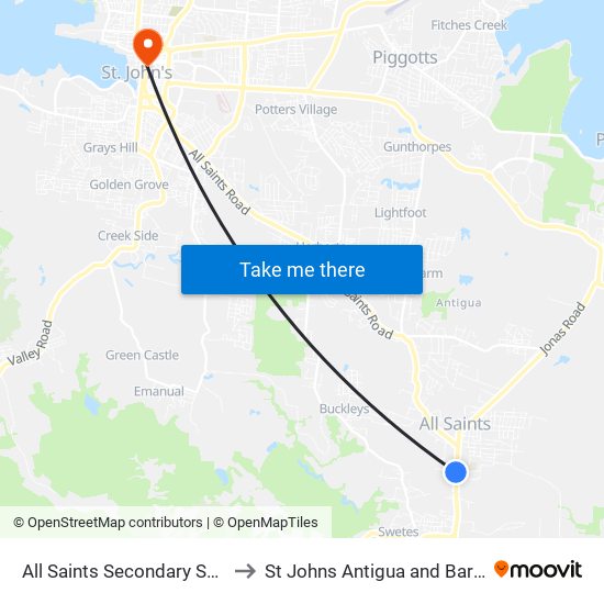 All Saints Secondary School to St Johns Antigua and Barbuda map