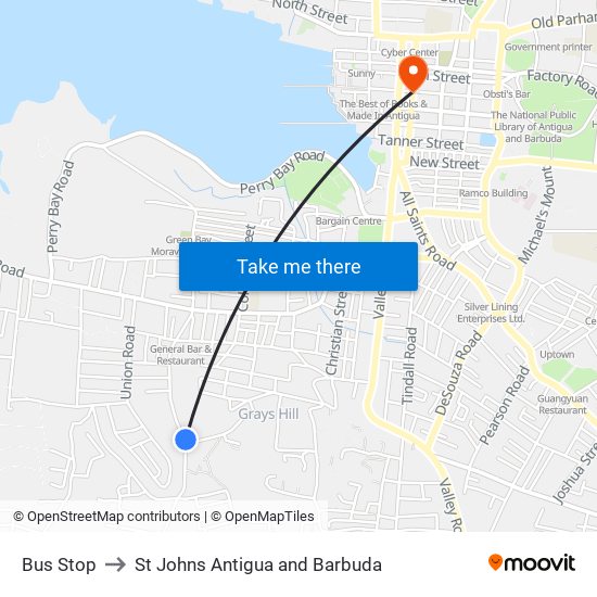 Bus Stop to St Johns Antigua and Barbuda map