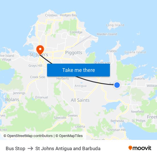 Bus Stop to St Johns Antigua and Barbuda map