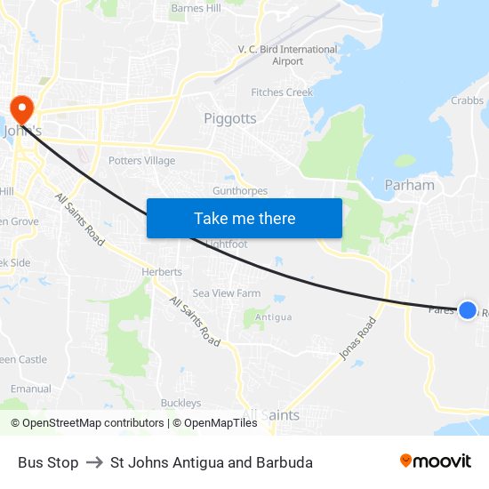 Bus Stop to St Johns Antigua and Barbuda map