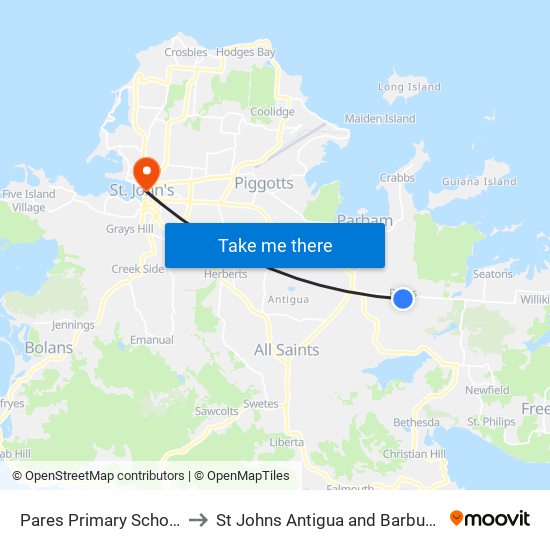 Pares Primary School to St Johns Antigua and Barbuda map