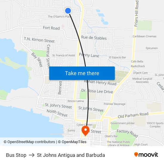 Bus Stop to St Johns Antigua and Barbuda map