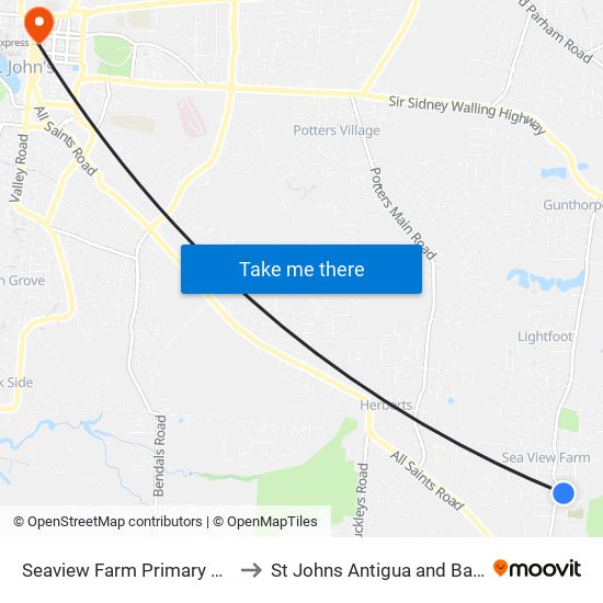 Seaview Farm Primary School to St Johns Antigua and Barbuda map