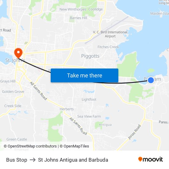 Bus Stop to St Johns Antigua and Barbuda map