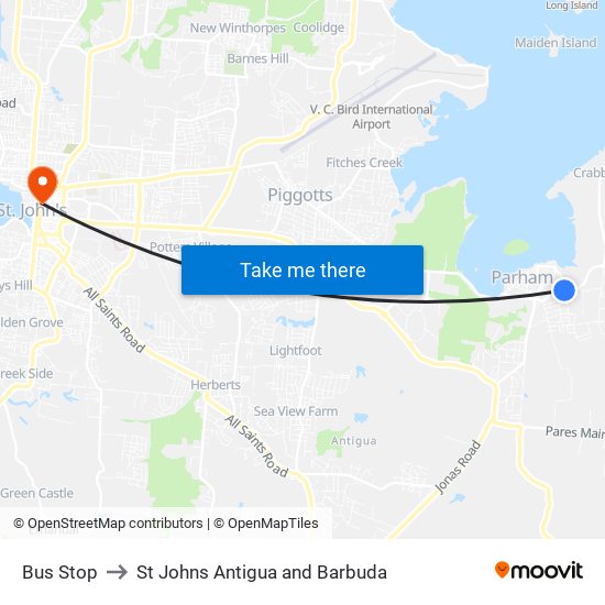 Bus Stop to St Johns Antigua and Barbuda map