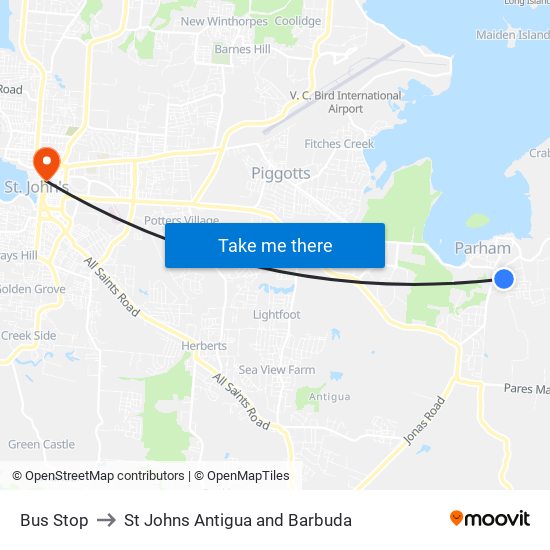 Bus Stop to St Johns Antigua and Barbuda map