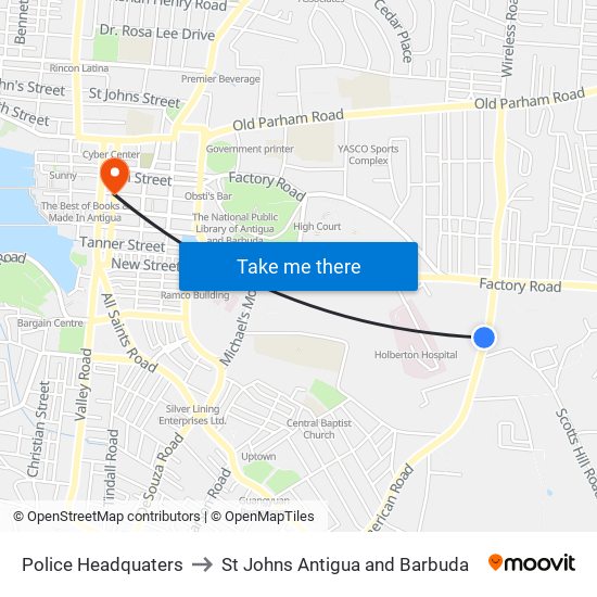 Police Headquaters to St Johns Antigua and Barbuda map