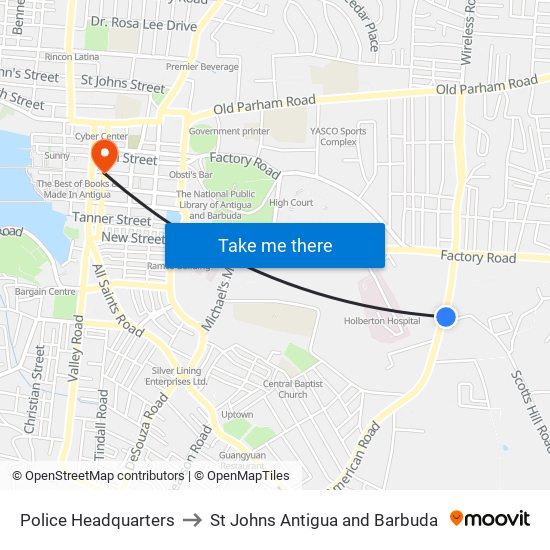 Police Headquarters to St Johns Antigua and Barbuda map