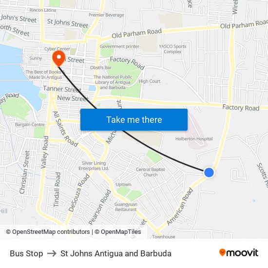 Bus Stop to St Johns Antigua and Barbuda map