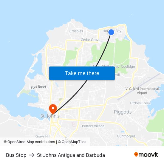 Bus Stop to St Johns Antigua and Barbuda map