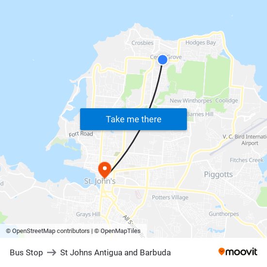 Bus Stop to St Johns Antigua and Barbuda map