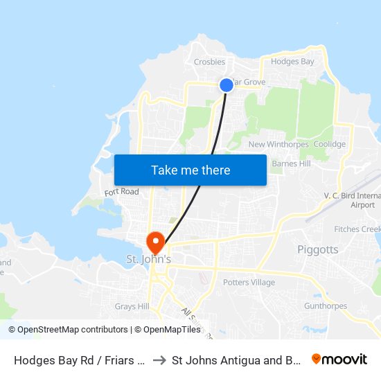 Hodges Bay Rd / Friars Hill Rd to St Johns Antigua and Barbuda map