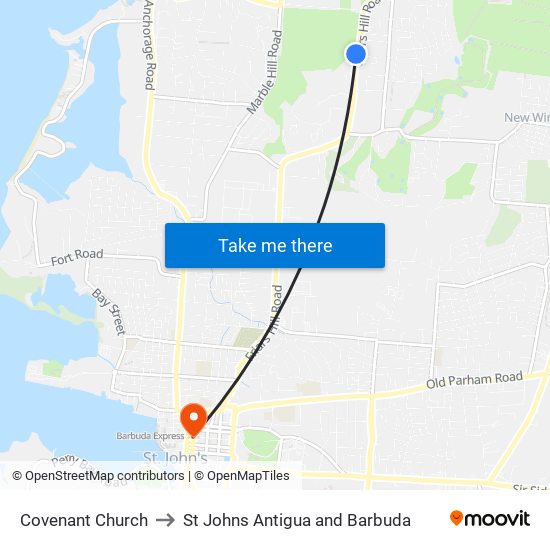 Covenant Church to St Johns Antigua and Barbuda map