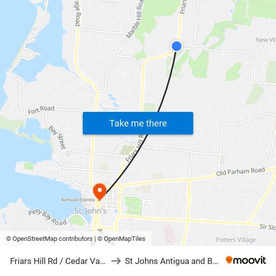 Friars Hill Rd / Cedar Valley Rd to St Johns Antigua and Barbuda map