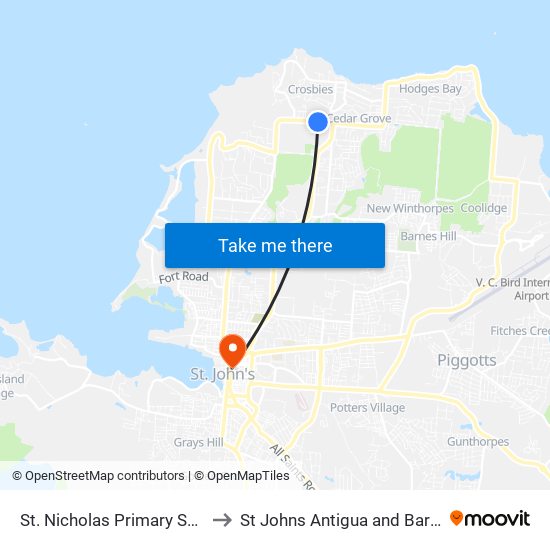 St. Nicholas Primary School to St Johns Antigua and Barbuda map