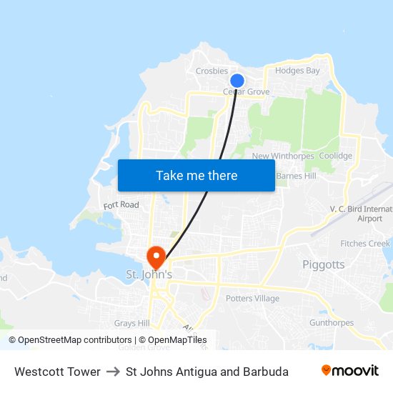 Westcott Tower to St Johns Antigua and Barbuda map