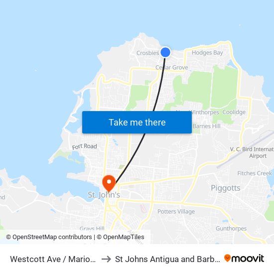 Westcott Ave / Marion St to St Johns Antigua and Barbuda map