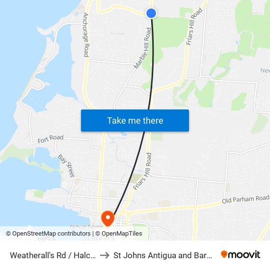 Weatherall's Rd / Halcyon to St Johns Antigua and Barbuda map