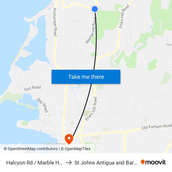 Halcyon Rd / Marble Hill Rd to St Johns Antigua and Barbuda map