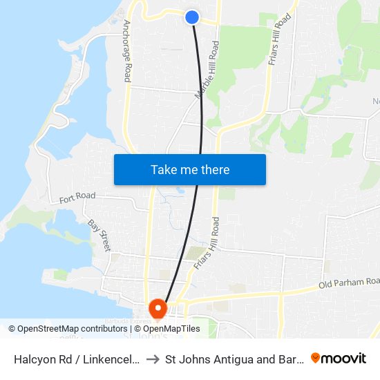 Halcyon Rd / Linkencel Trail to St Johns Antigua and Barbuda map