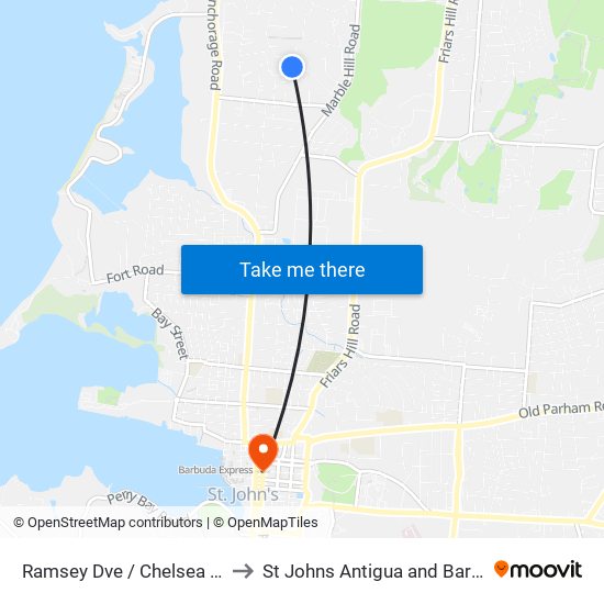 Ramsey Dve / Chelsea Lane to St Johns Antigua and Barbuda map