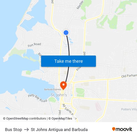 Bus Stop to St Johns Antigua and Barbuda map