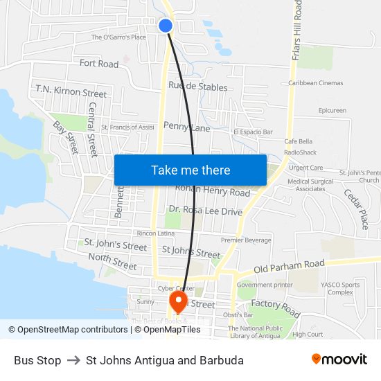 Bus Stop to St Johns Antigua and Barbuda map