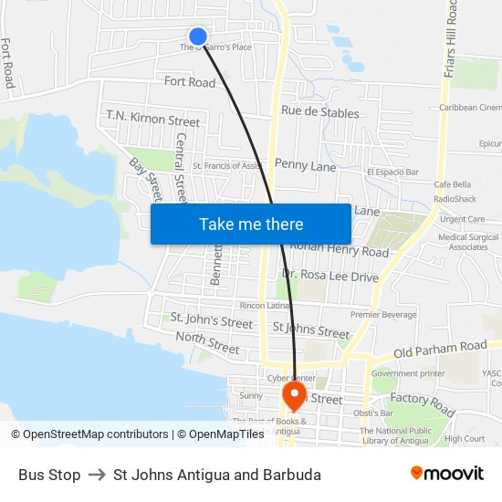 Bus Stop to St Johns Antigua and Barbuda map