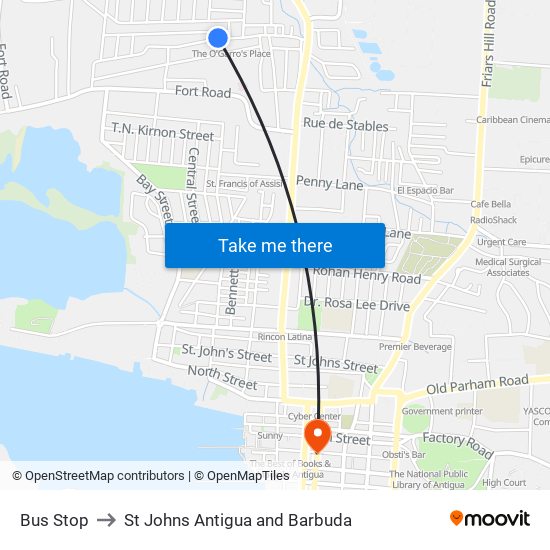 Bus Stop to St Johns Antigua and Barbuda map