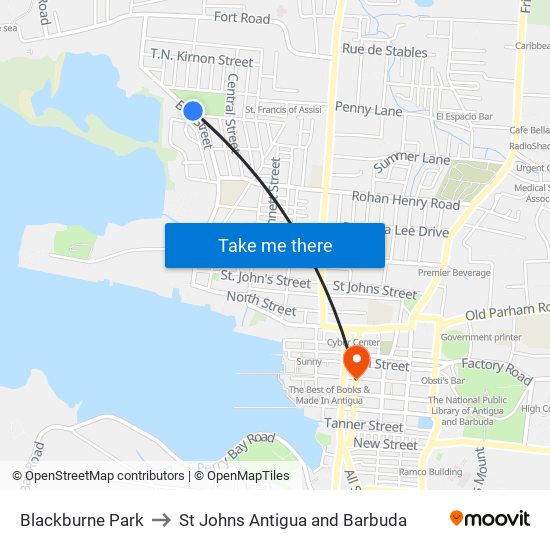 Blackburne Park to St Johns Antigua and Barbuda map