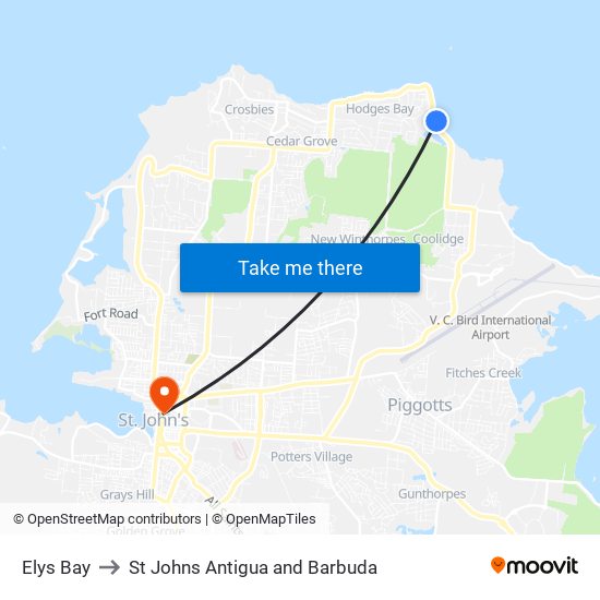 Elys Bay to St Johns Antigua and Barbuda map