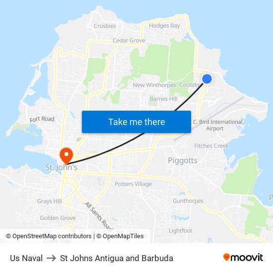 Us Naval to St Johns Antigua and Barbuda map