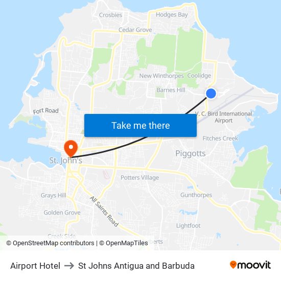 Airport Hotel to St Johns Antigua and Barbuda map