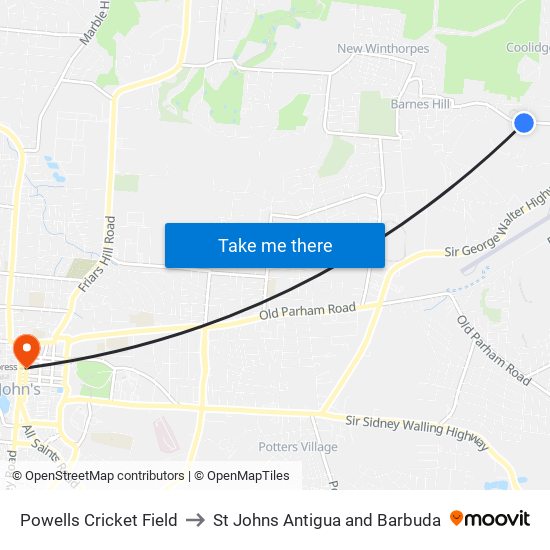 Powells Cricket Field to St Johns Antigua and Barbuda map