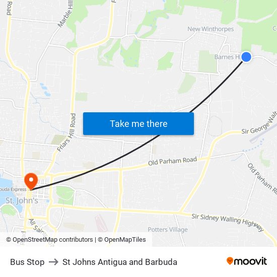 Bus Stop to St Johns Antigua and Barbuda map