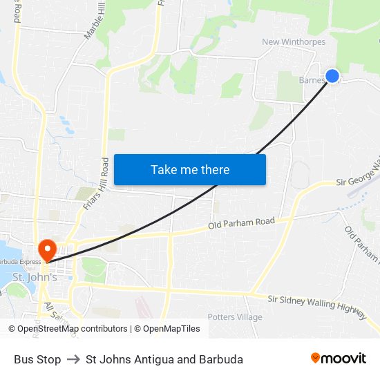 Bus Stop to St Johns Antigua and Barbuda map