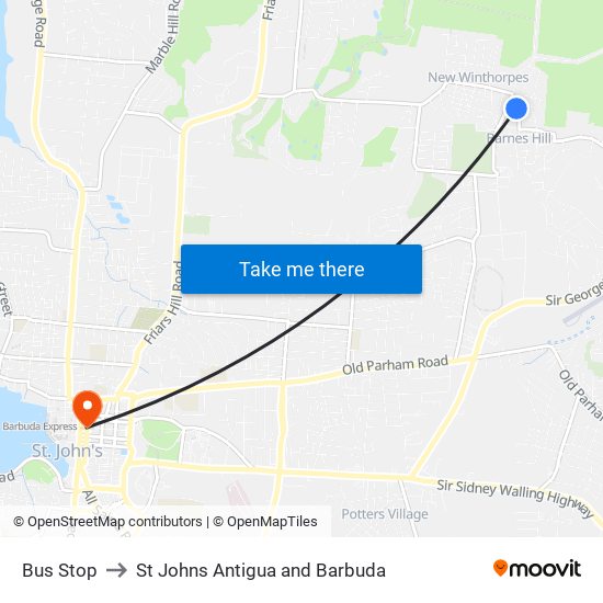 Bus Stop to St Johns Antigua and Barbuda map