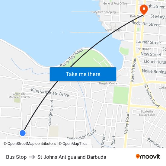 Bus Stop to St Johns Antigua and Barbuda map