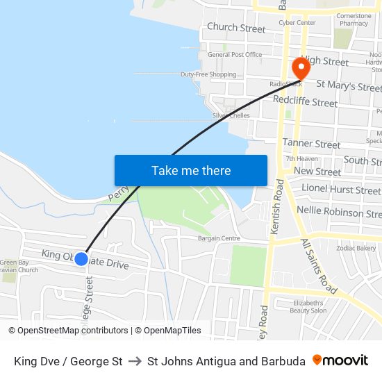 King Dve / George St to St Johns Antigua and Barbuda map