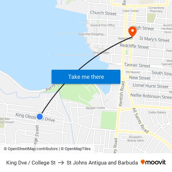 King Dve / College St to St Johns Antigua and Barbuda map