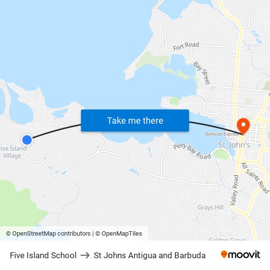 Five Island School to St Johns Antigua and Barbuda map