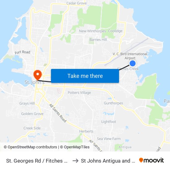 St. Georges Rd / Fitches Creek Dve to St Johns Antigua and Barbuda map